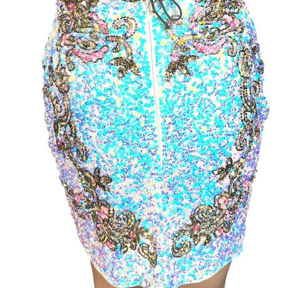 Primavera Couture White Backless Mini Dress w Iridescent Sequins Size 2 Bodycon - Picture 6 of 8